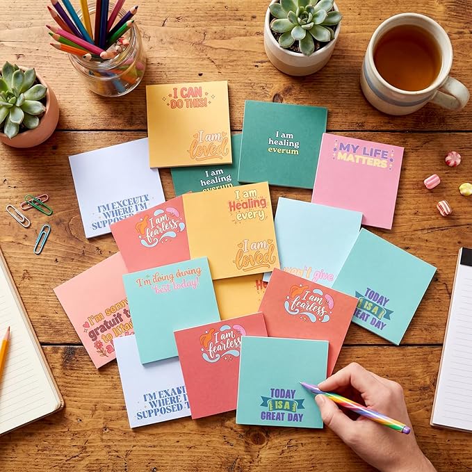 Yinder 24 Pcs Inspirational Sticky Notes Cute Motivational Sticky Notes Pad End of Year Employee Appreciation Gifts Bulk for Teacher Nurse Coworkers Office Supplies 3 x 3'' (Affirmation,Watercolor)