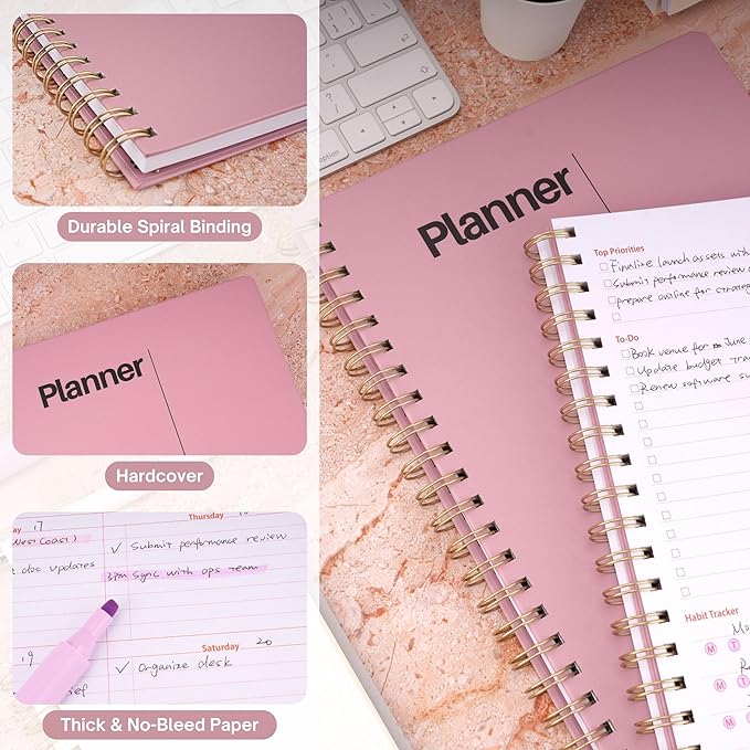 Undated Weekly Planner, 8.5" x 11", Dashboard Layout with Yearly Review, Monthly Calendars, & Weekly To Do List, Spiral Bound Organizer for Work, Study & Life (Pink)