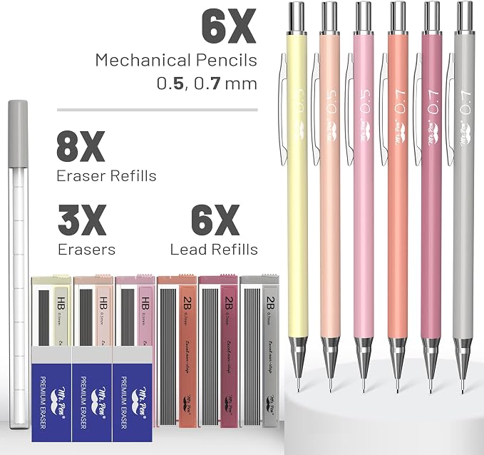 Mr. Pen- Cute Mechanical Pencil Set with Lead Refills & Erasers, 6 Pack | 2 Sizes, 0.5 & 0.7mm, 6x Tubes HB & 2B Lead Refill, 3x Erasers for School Supplies, Note Taking, Drawing, Sketching, Office