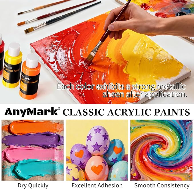 AnyMark Acrylic Paint Set, 36 Classic Colors with 12 Brushes, 2 fl oz/60ml Bottles, Art kit Painting Supplies for Kids Adults Canvas, Rock, Wood