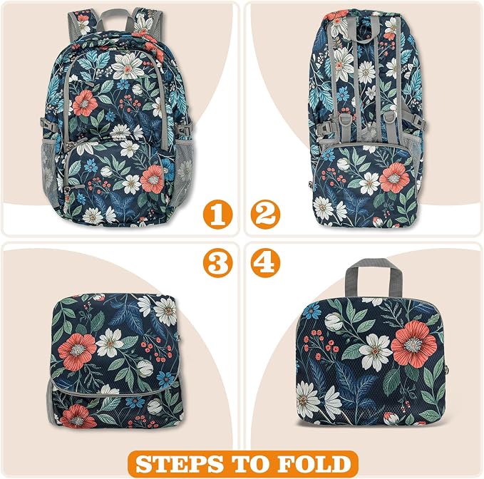 ZOMAKE Lightweight Packable Backpack 30L, Foldable Travel Hiking Daypack | Water Resistant Collapsible Backpacks, Folding Day Pack for Outdoor Camping Sport, Everyday Carry(Navy blue,Floral pattern)