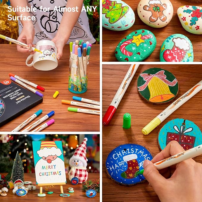 Shuttle Art 48 Colors Dual Tone Acrylic Paint Markers, 24 Pack Acrylic Paint Pens Set for Rock Painting, Ceramic, Wood, Canvas, Glass, Stone, Fabric, Card Making, DIY Crafts & Art Supplies