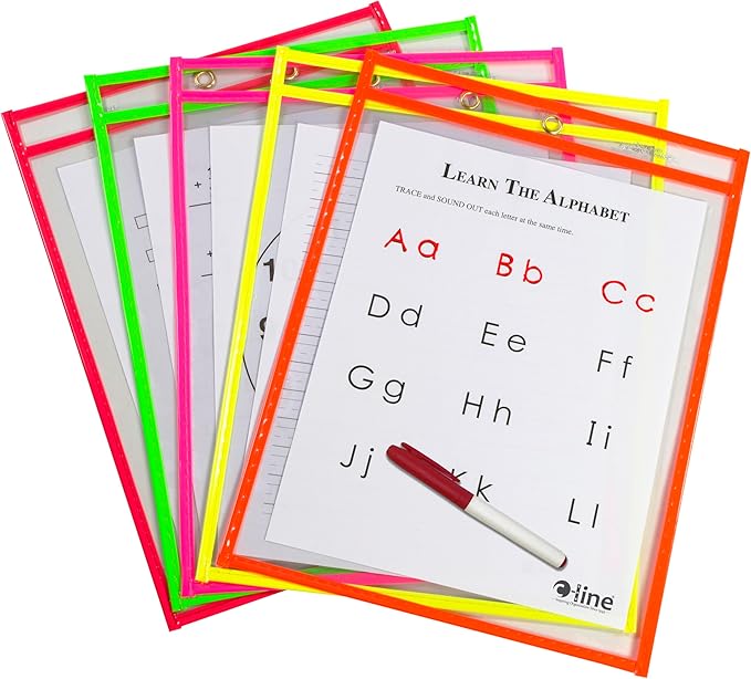 C-Line Reusable Dry Erase Pockets, 9 x 12 Inches, Assorted Neon Colors, 10 Pockets per Pack (40810)