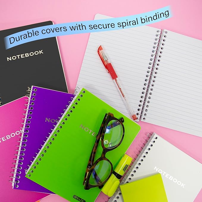 BAZIC PRODUCTS Spiral Notebook, Composition Book, 5" x 7" Poly Cover Spiral Notebook, College Ruled 100 Sheet Notebook for School, Office, & Home Use, Assorted Color, 6-Pack