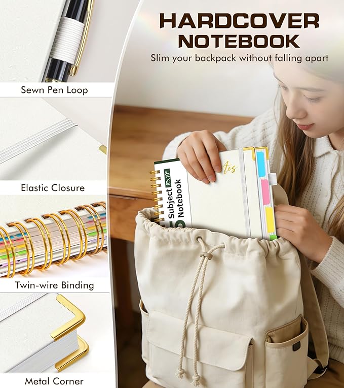 5 Subject Spiral Notebook Journal with Removable Dividers Tabs, 300 Pages Organizer Notebooks for Work School, 8"x10" Hardcover Leather Notebook College Ruled, Large Lined Journal for Women Men,White