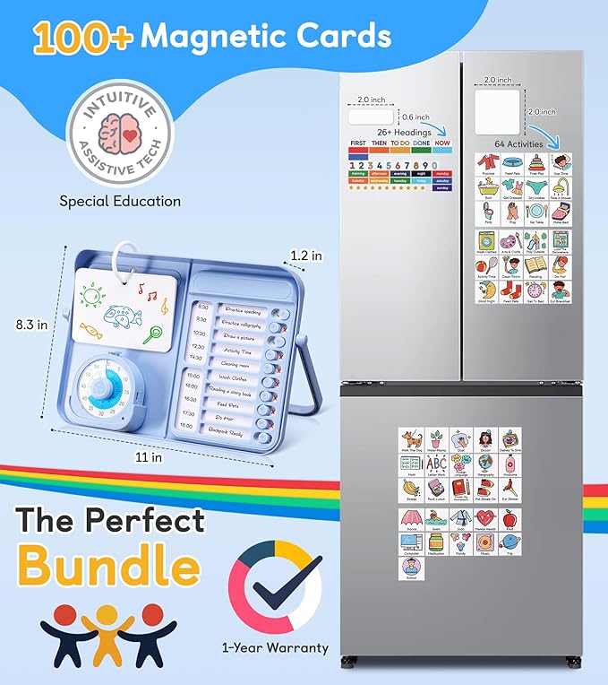 5-in-1 Visual Timer and Schedule Planner for Kids with ADHD & Autism – Learning Materials Bundle, Task Timer with Chore Chart Board for Kids, Sensory Products Toys for Home, School (100+ Cards)
