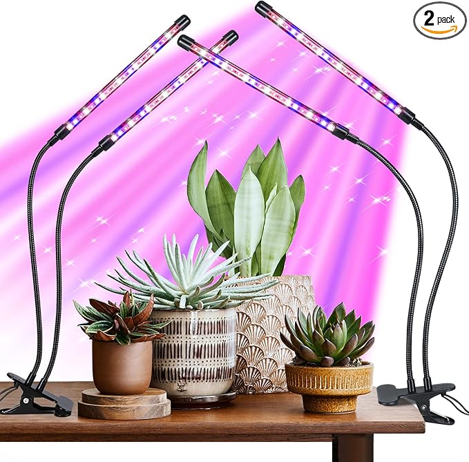 Grow Light for Indoor Plant, Full Spectrum Clip Plant Lamp with Red, Blue, White Light, Plant Growing Light with Adjustable Gooseneck, 4/8/12/18H Timer, 10 Brightness Levels, 3 Lighting Modes, 2 Pack