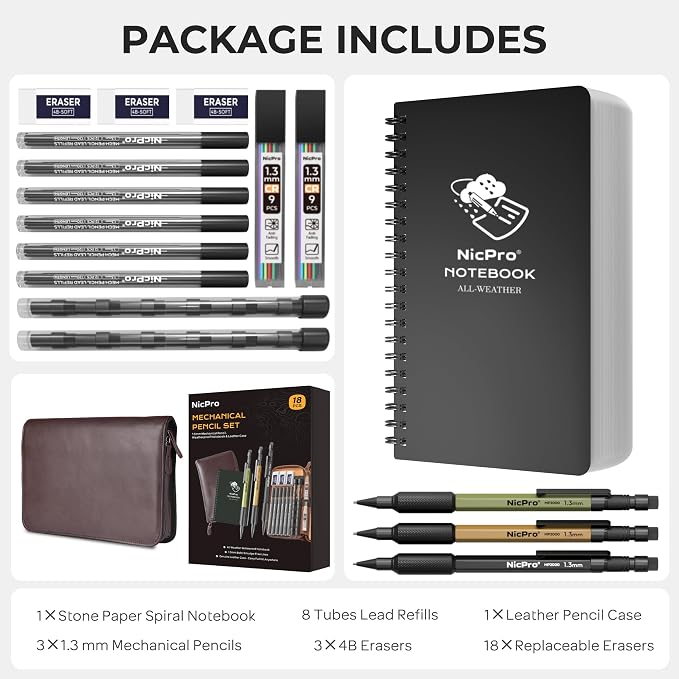 Nicpro 1.3mm Mechanical Pencil Set with Waterproof Field Notebooks | 3PCS Metal Heavy Duty Carpenter Pencil with Leather Bag,Lead Refill & Eraser for Outdoor Journal Travel Drafting Drawing