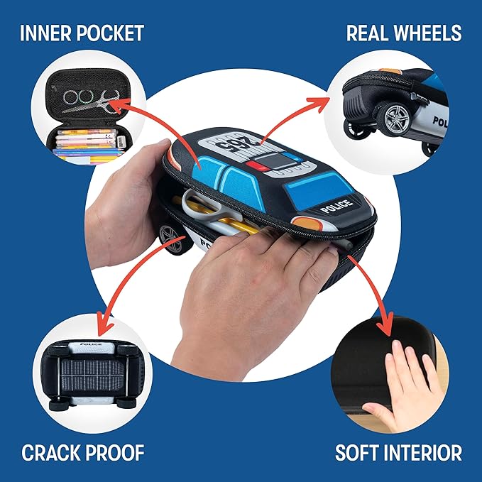 ZIPIT Police Car Pencil Case for Boys, Large Capacity Pencil Box for School with Spinning Wheels, Blue