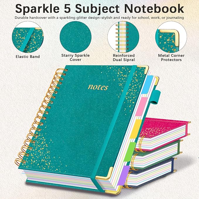 Hardcover Spiral Notebook with Removable Dividers & Tabs, 8"x10" 5 Subject Notebooks for Work, 300 Pages College Ruled Notebook, B5 Sparkle Lined Journal for Women Girls Note-Taking (Cyan)