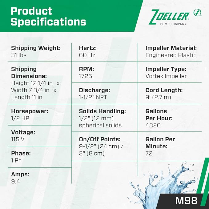 Zoeller M98 Flow-Mate Sump Pump - 1/2 HP - Cast Iron - LED Power Plug - High Flow - Vortex Impeller - Stainless Steel Hardware - Factory Tested and Float Operated - Submersible Sump Pump - 115V