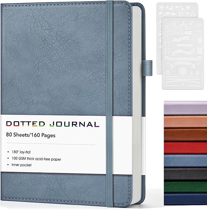 Dotted Journal Notebook, A5 Leather Hardcover, 160 Pages, 180° Lay-Flat Binding, 100 GSM Thick Paper, Dot Grid for Bullet Journaling, Planning & Daily Organization (Dusty Blue)