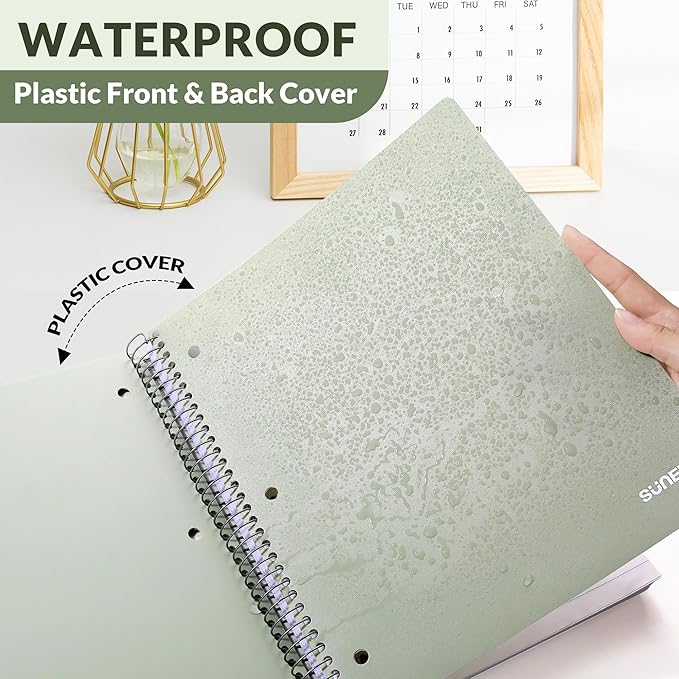 SUNEE 5 Subject Notebook College Ruled - 200 sheets (400 Pages), 9"x11", 5 Pocket Colored Dividers, 3-Hole Punched Paper, Sage Green