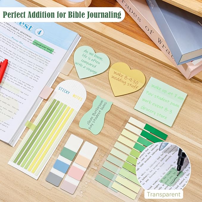 BAYTORY 850 Sheets Transparent Sticky Notes with Permanent Markers, Clear 3 x 3 inch Sticky Note to Post Book Annotation Kit, See Through Self-Adhesive Index Tabs for Bible Journaling (Green)