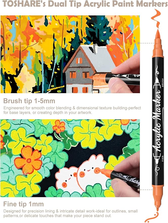 TOSHARE 30 Colors Dual Tip Acrylic Paint Markers, Premium Brush&Fine Acrylic Paint Pens for Rock, Wood, Paper, Fabric, Canvas, Glass,Ceramic,Egg,Scrapbook and DIY Crafts Supplies-Junk Journal Supplies