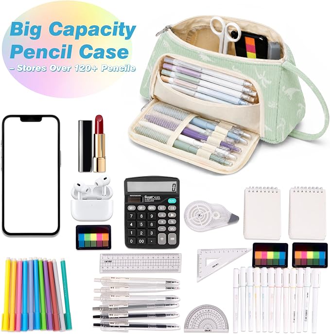 Big Capacity Pencil case,Soft Corduroy Pencil Bag with 3 Compartment Pouch Bag for School Supplies Office for Teen Girls Boys Women Man (Dinosaur)