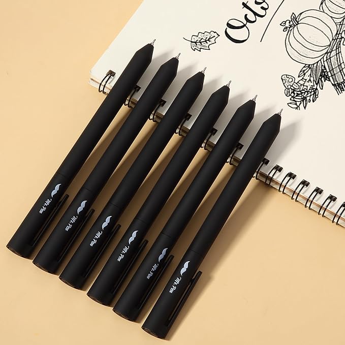 Mr. Pen- Retractable Gel Pens, 6 Pack, Black Ink, Black Barrels, Fine Point 0.5 mm, Fast Dry, Smooth Writing, Cute Pens for Drawing, Writing Planner and School Supplies