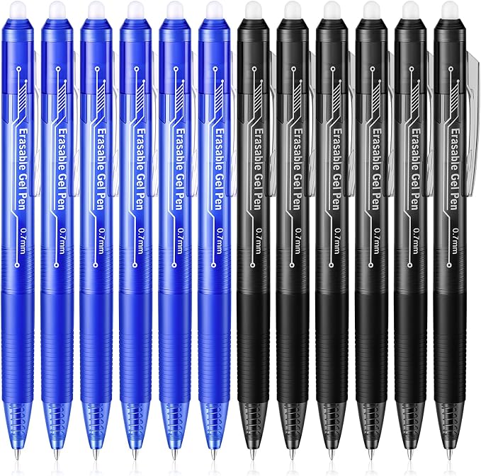 sunacme Retractable Erasable Gel Pens, 6 Black & 6 Blue Fine Point Erasable Pens Clicker, Make Mistakes Disappear, Perfect for Drawing, Writing, Planner & Crossword Puzzles (0.7mm, Pack of 12)