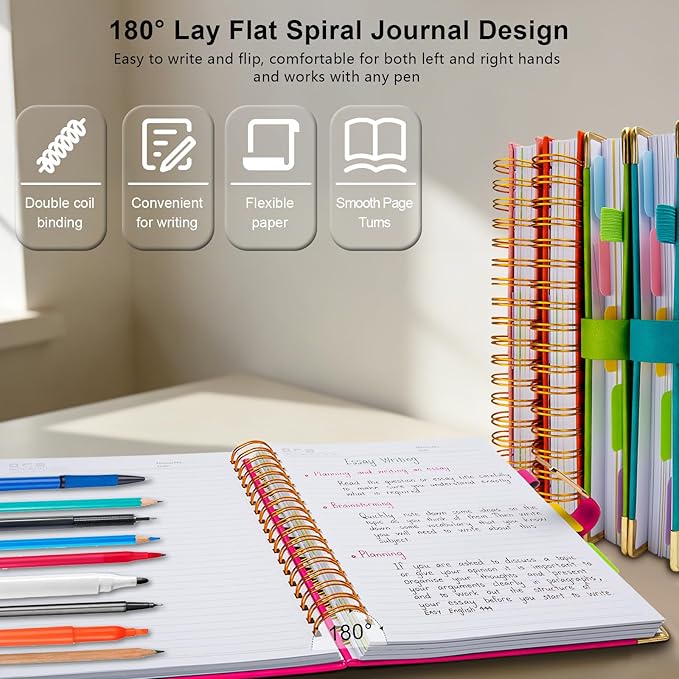 Hardcover Spiral Notebook College Ruled, 6.2"x 8.2" Leather Journal Notebook with Magnetic Closure, 300 Pages 5 Subject Notebook with Dividers Tabs Journal for Women Men, Work, School(Rose Red)