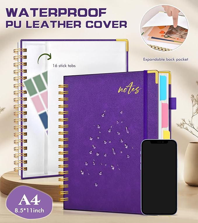 Hardcover Spiral Notebook Journal 8.5" x 11" Leather 5 Subject Notebook with Removable Dividers Tabs, 300 Pages Organizer Notebooks for Work School, College Ruled, Large Lined Journal for Women,Purple