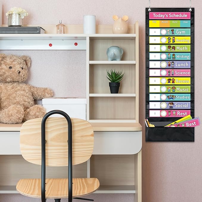 JarThenaAMCS Daily Schedule Pocket Chart 13 x 35.5 Inch 13 + 1 Pockets Visual Schedule Chart Board with 24 Cards for VBS Decoration Sunday School Classroom Home Office Supplies
