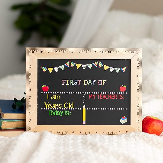 First Day of School Sign (15"x11.5"), Reusable Chalkboard, Easy-to-Clean with Real Wooden Ruler Frame, Handmade in USA by Bloom Owl, Perfect Back to School Chalkboard Sign, First and Last Day