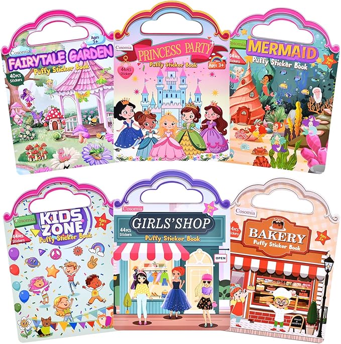 6 Set (260pcs) Puffy Sticker Books Activity for Girls, Reusable Stickers Book, Fairytale+Garden+Princess Party+Mermaid+Kids Zone+Girls' Shop, Travel Book for Kids Ages 3+