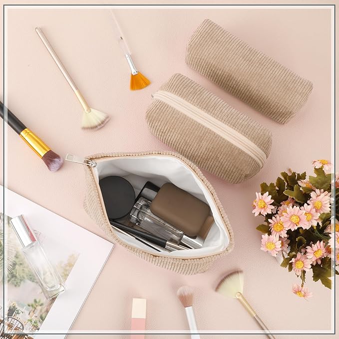 Huhumy 3 Pcs Makeup Bag Set for Women Corduroy Cosmetic Pouch Aesthetic Smile Travel Toiletry Bag Cute Purse Pouch Pencil Case Makeup Brushes Storage Organizer with Zipper(Khaki,Solid Style)