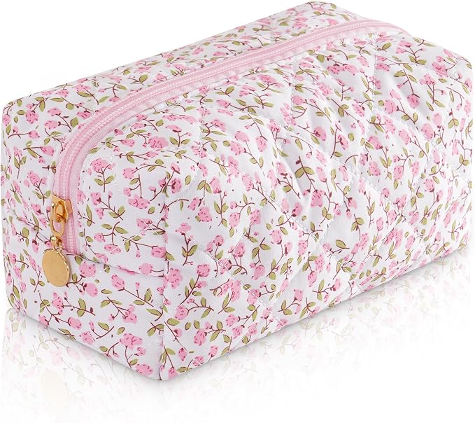Makeup Bag Travel Toiletry Bag for Women, Small Cosmetic Bags Cute Quilted Cotton Makeup Pouch for Purse Emergency Bag Floral Pencil Case Accessory Bag, Pink