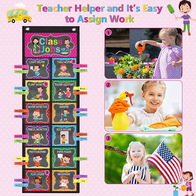 Pasimy Class Jobs Pocket Chart Class Helpers Pocket Chart Classroom Jobs Cards with Clips and Hooks Teacher Helper Bulletin Board Set for Back to School Classroom Teacher Supplies(Chalkboard Bright)