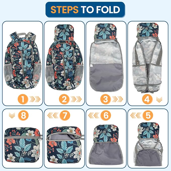 ZOMAKE Lightweight Packable Backpack 25L, Foldable Hiking Daypack | Water Resistant Small Folding Backpacks for Travel, Everyday Carry, Multi-Pocket Layout, Breathable Shoulder Strap