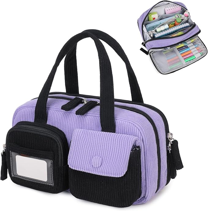 Pencil Case Corduroy Multiple Compartments Pouch Bag for Girl, Black Purple