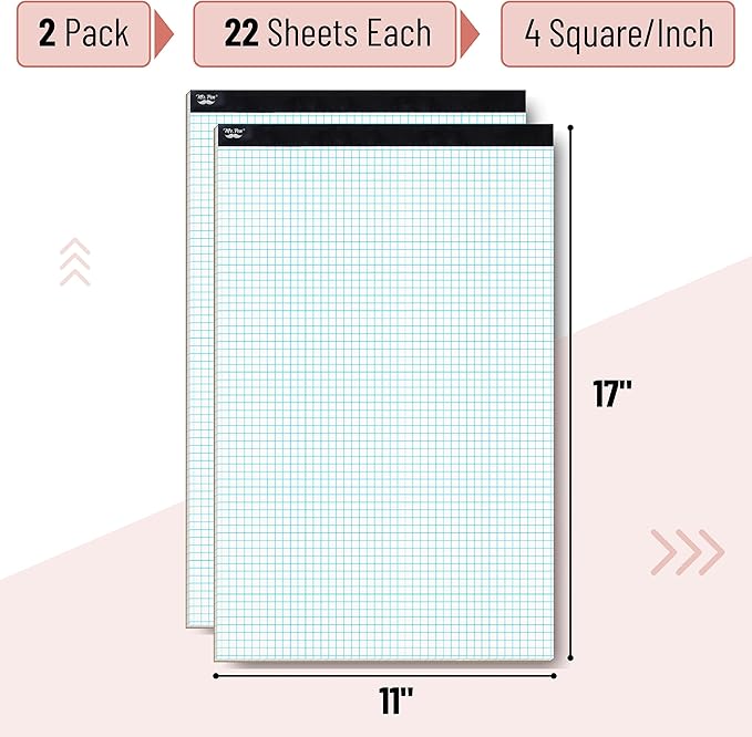 Mr. Pen- Graph Paper Pad, 17x11 Inches, 4x4 (4 Squares per Inch), 2 Pack of 22 Sheets, Ideal for Math, Graphing and Sketching, Grid Paper for Students, Engineers, Artists