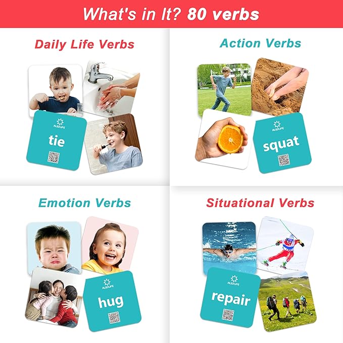 80 Verb Cards Speech Therapy, Videos for Fun Learning, Sturdy and Durable Action Verbs Flash Cards for Kids, Speech Therapy Materials for Autism Non Verbal Autistic Kids Ages 4-8