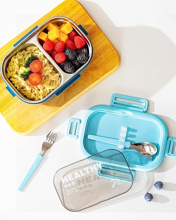 Lille Home 28oz Stainless Steel Leakproof 2-Compartment Bento Lunch Box/Portion Control Food Container with Lunch Bag and Cutlery Set, BPA Free (Light Blue)