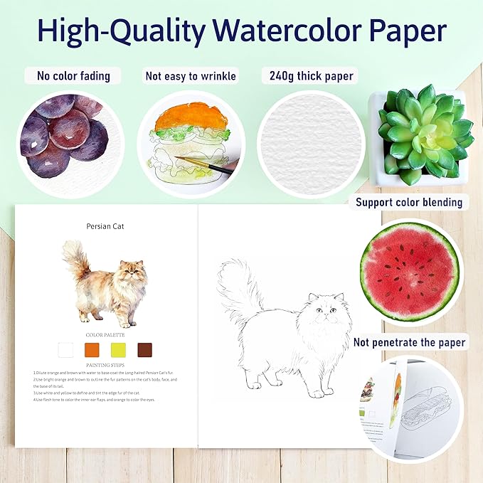 CraftyManor Watercolor Workbook Creative Insect Water color Paint Book Set with Paints & Brush, 12 Patterns of Original DIY Designs, Beginner-Friendly Adult Coloring Books (Cat)