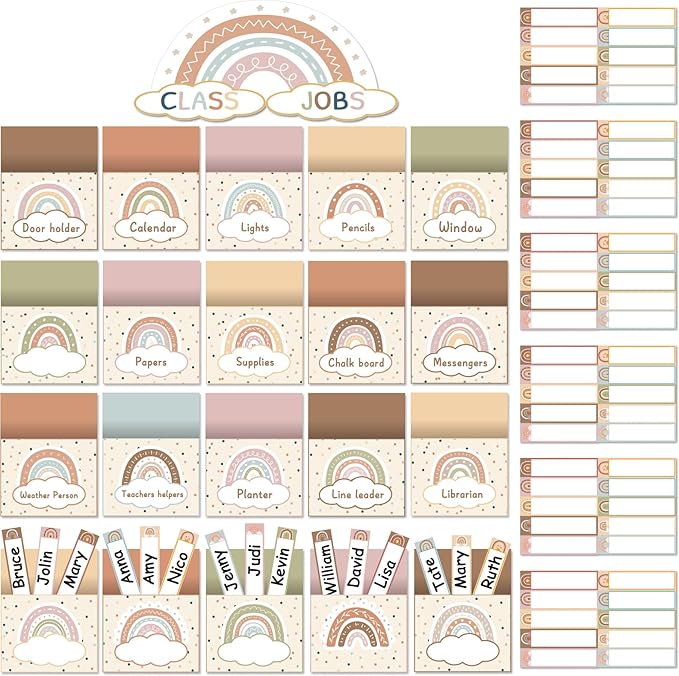 81 Piece Boho Rainbow Class Jobs Bulletin Board Boho Rainbow Themed Classroom Jobs Pocket Chart Set Teacher's Helper Chalkboard Decor Classroom Bulletin Board Set Wall Decoration for Back to School