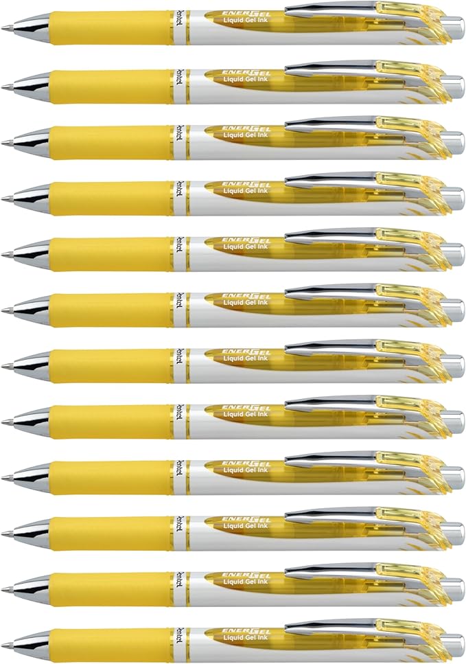 Pentel EnerGel RTX Retractable Liquid Gel Ink Pen, (0.7mm) Medium line, Yellow Ink, Box of 12 Pens (BL77-G)