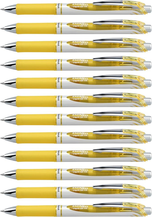 Pentel EnerGel RTX Retractable Liquid Gel Ink Pen, (0.7mm) Medium line, Yellow Ink, Box of 12 Pens (BL77-G)