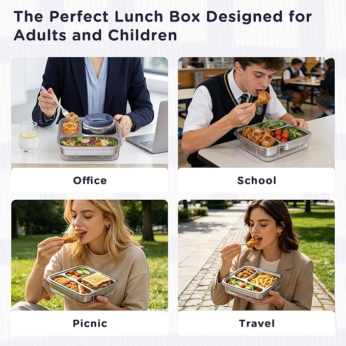 Stainless Steel Bento Lunch Box for Kids Adults with 8oz Insulated Food Jar, Leak-proof, Dishwasher-Safe, Transparent Lid with Sauce Cup and Cutlery Storage for School & Travel,BPA-Free(Blue)