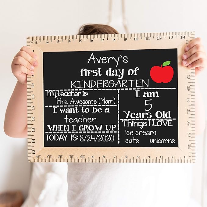 Bloom Owl First Day of School Chalkboard Sign - 11.5"x15" Reusable Back to School Photo Prop with Wooden Ruler Frame for Preschool, Kindergarten, and Beyond