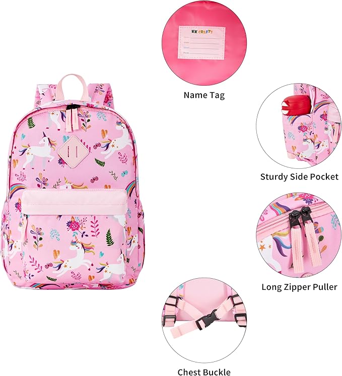KK CRAFTS Preschool Backpack Kindergarten Little Kids Toddler Elementary School Backpacks for Boys and Girls with Chest Strap(15Inch, Pink Unicorn)