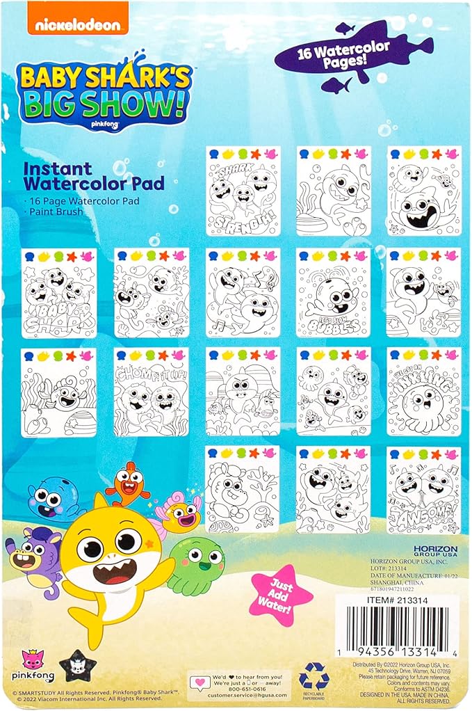 Horizon Baby Shark Watercolor Art Pad - Coloring Book & Painting Set - Shark Watercolor Painting Kit - Great Art Set for 3 Year Olds