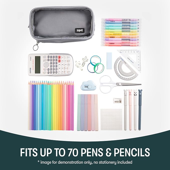 ZIPIT Half & Half Pencil Case, 3-Compartment Aesthetic Zipper Pouch, Grey | Clear-front pencil case for school, dedicated organizer panels, holds up to 70 pens & pencils, durable easy-care polyester