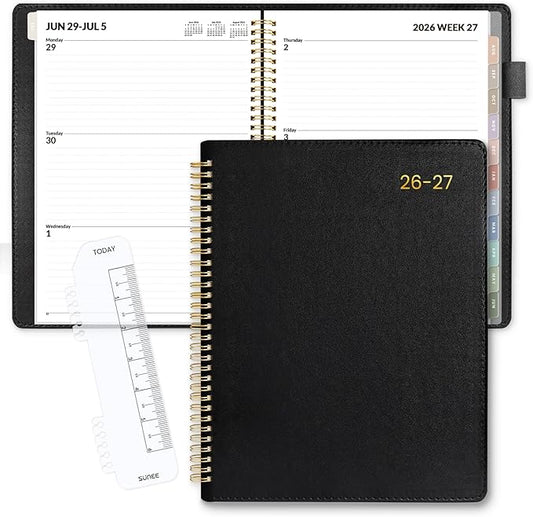 SUNEE 2026-2027 Weekly & Monthly Planner 9"x11.2" - 12 Month (July 2026 - June 2027), Vegan Leather Cover Planner Academic Year Calendar, Pocket, Notes, Monthly Tab, Black