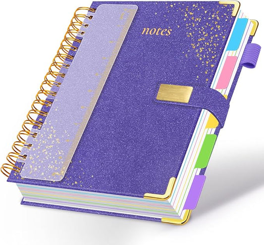 Spiral Notebook Journal 8.5''x 11'' 5 Subject Notebook with Dividers, 300 Pages Notebook College Ruled with Magnetic Closure, A4 Tabbed Notebooks for Work School, Sparkle Journal for Women (Purple)