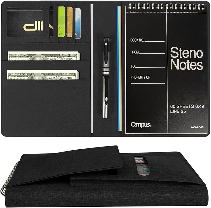 Journal Cover for Rocketbook Flip | 6"x9" Steno Pad Holder & Top Spiral Notebook Cover | Waterproof Folio with Pen Loop & File Pocket for A5, Executive Size Notebooks (Black)