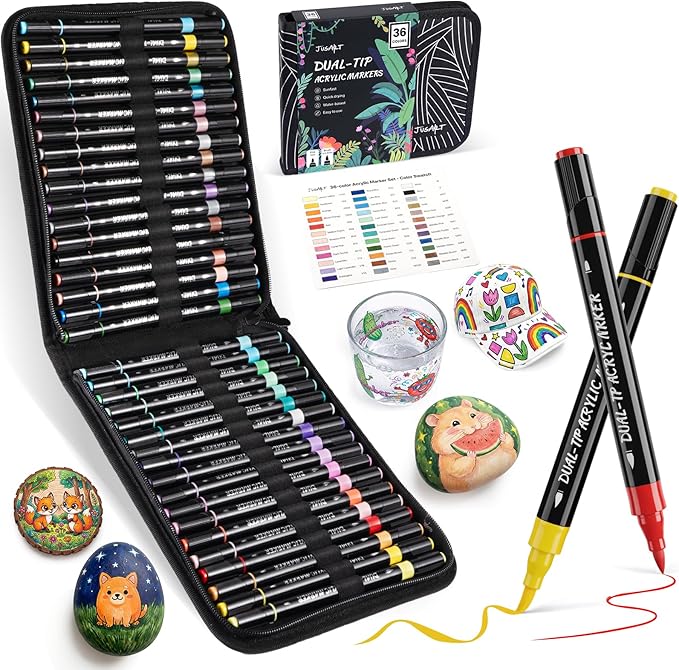 JusArt 36 Colors Acrylic Paint Markers Set with Canvas Bag, Dual Tips with Brush Tip & Fine Tip, No-Bleed, Waterproof, Non-Toxic & Odorless Paint Pens for Rock, Egg, Wood, Canvas, Glass, Ceramic, DIY