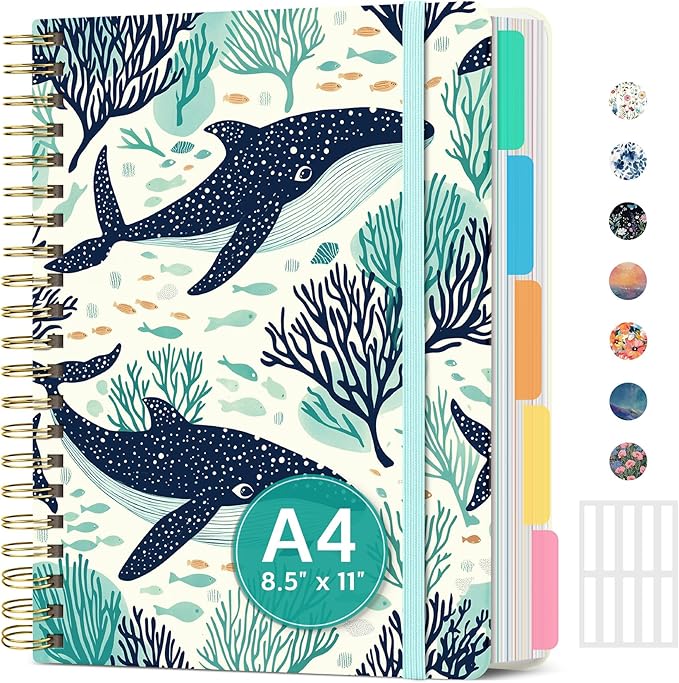 Large Spiral Lined Notebooks for Work with Removable Dividers & Tabs, 8.5"x11" Pretty Hardcover 5 Subject Notebook Journal for Women, College Ruled, Perfect for Study & Office Organization, 280 Pages,Drifting Whales