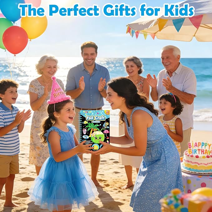 FUNNYB&G Foil Art Craft Kit for Kids 4-10 Years Old: Mess-Free & No-Glue, Create 16 Sparkly Happy Summer Pictures – Perfect Travel Toy & Birthday Gift for Kids(Summer